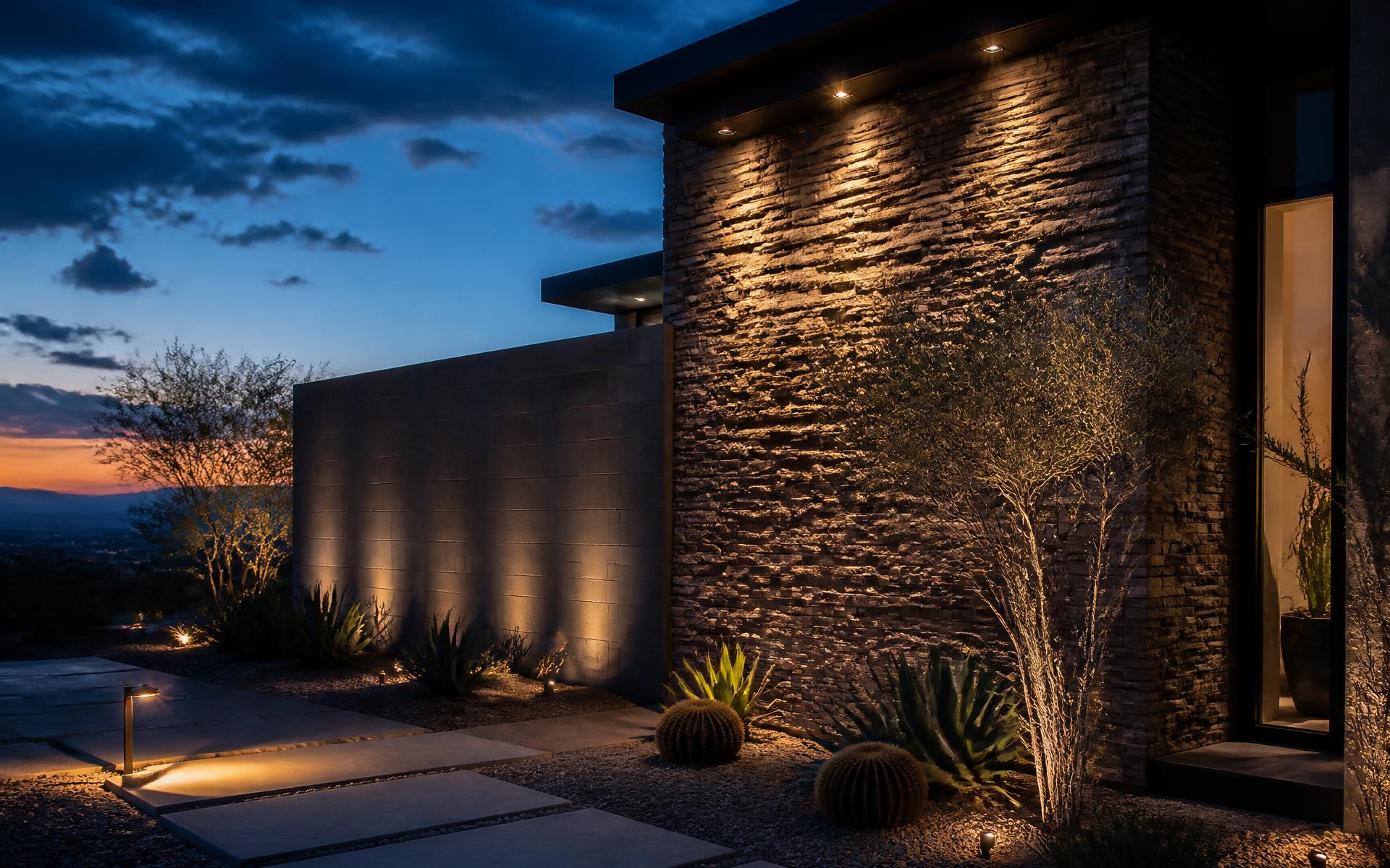 Illuminated stone and block masonry wall at a modern desert home at dusk