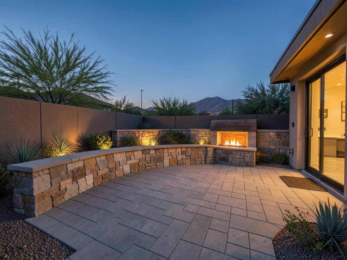 Paver patio with stone seating wall and outdoor fireplace