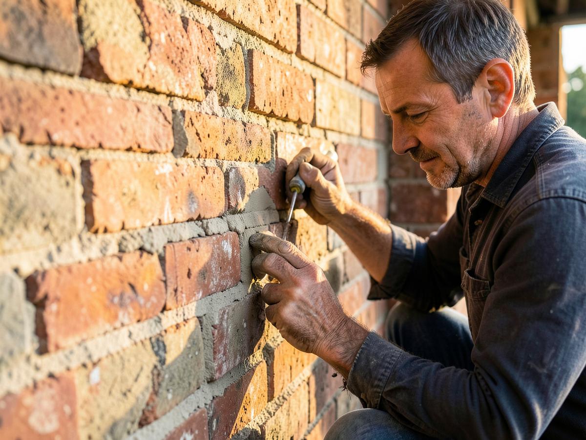 Mason repointing mortar joints on an aging brick wall