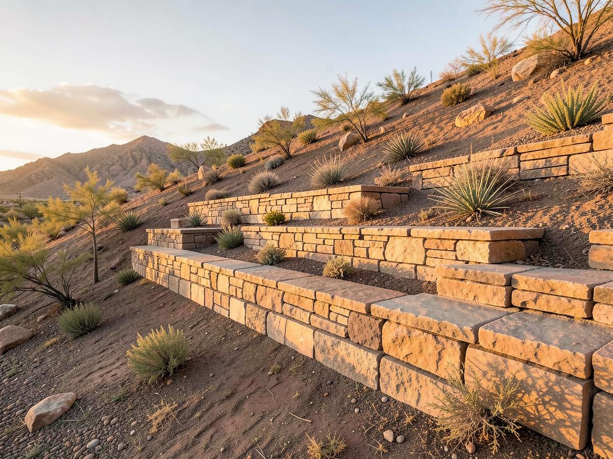 Tiered stone retaining wall on a sloped desert lot